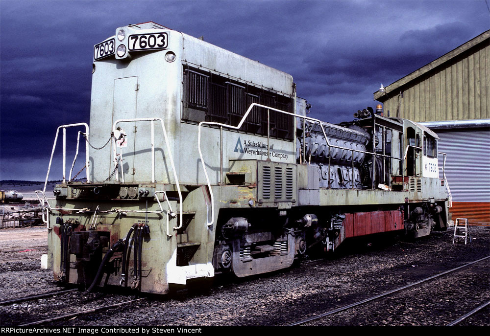 Oregon California & Eastern TE53-1-4E #7603 in shop showing EMD prime mover.